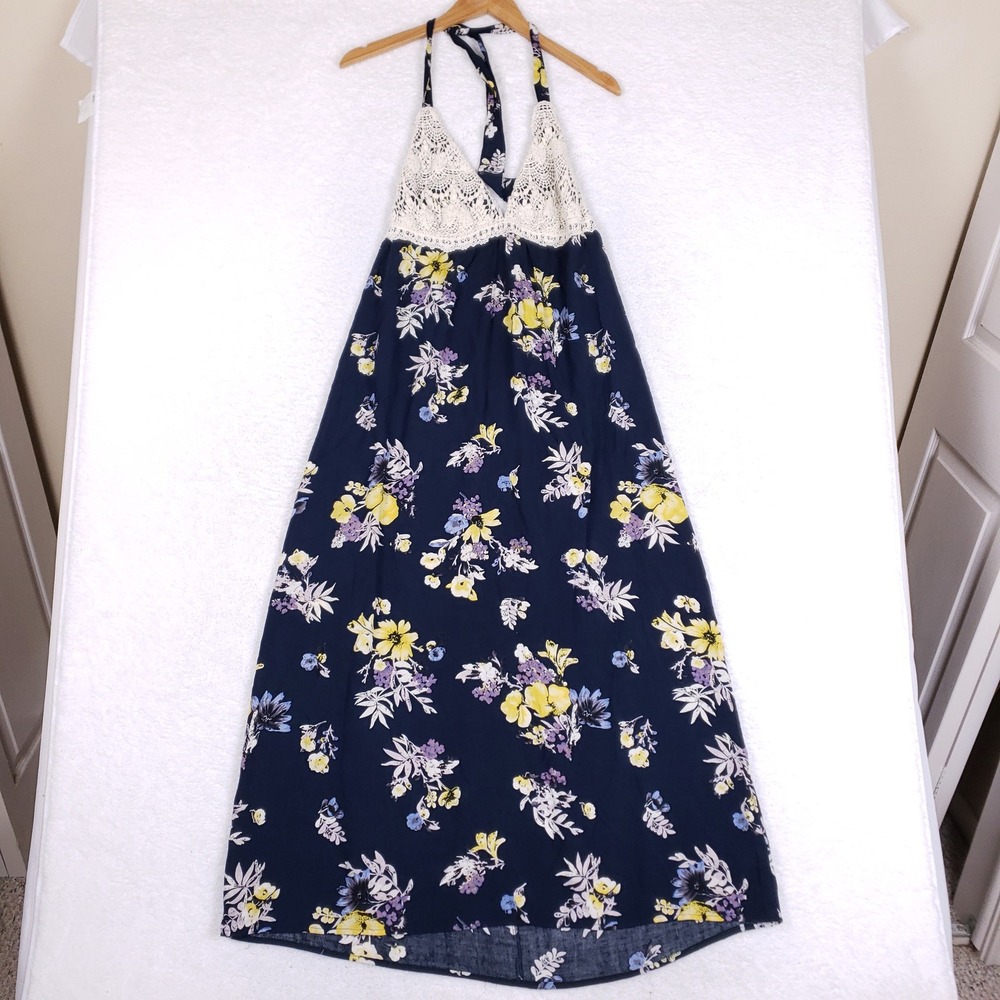 Ganji LA Navy Blue Floral Crochet Lace Halter Maxi Dress GD2299 Medium